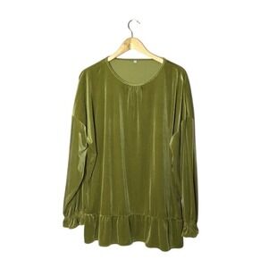 Womens Green Velveteen‎ Scoop Neck Pullover Long Sleeve Casual Blouse Size 3XL